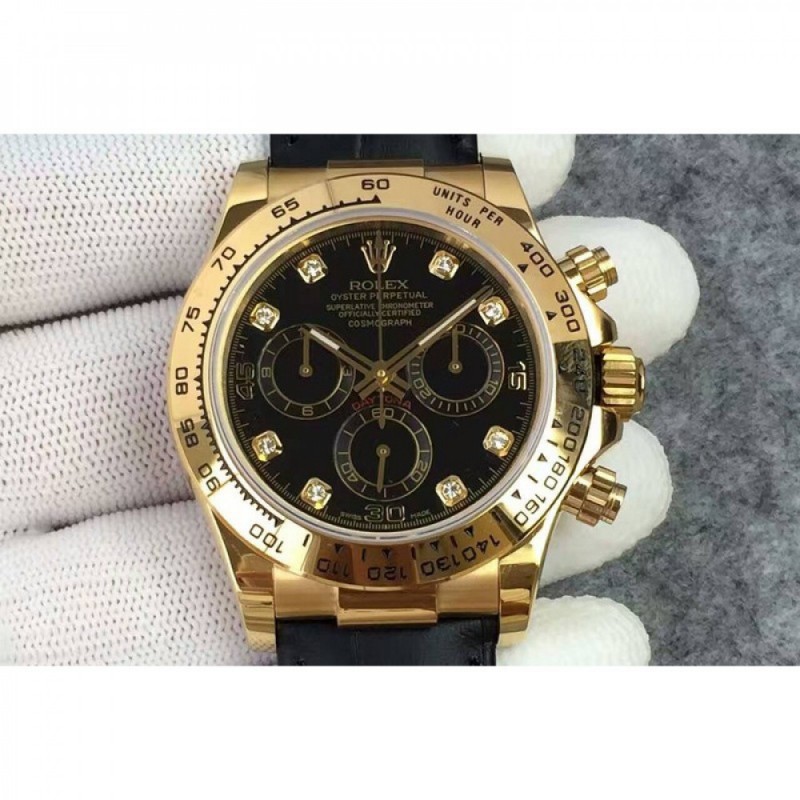 Replica Rolex Daytona Cosmograph 116518 JH Yellow Gold Diamonds & Black Dial Swiss 4130 Run 6@SEC