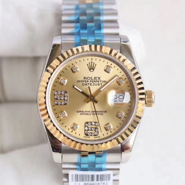 Replica Rolex Datejust 36 116233 36MM N Stainless Steel & Yellow Gold Champagne & Diamonds Dial Swiss 2836-2