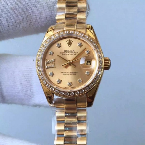 Replica Rolex Lady Datejust 28 279138RBR 28MM Yellow Gold & Diamonds Champagne Dial Swiss 2671