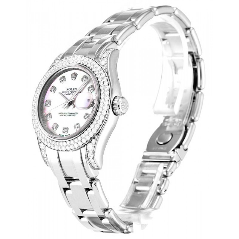 29 MM Pink Mother-Of-Pearl Dials Rolex Pearlmaster 80359 Fake Watches With White Gold Cases For Women