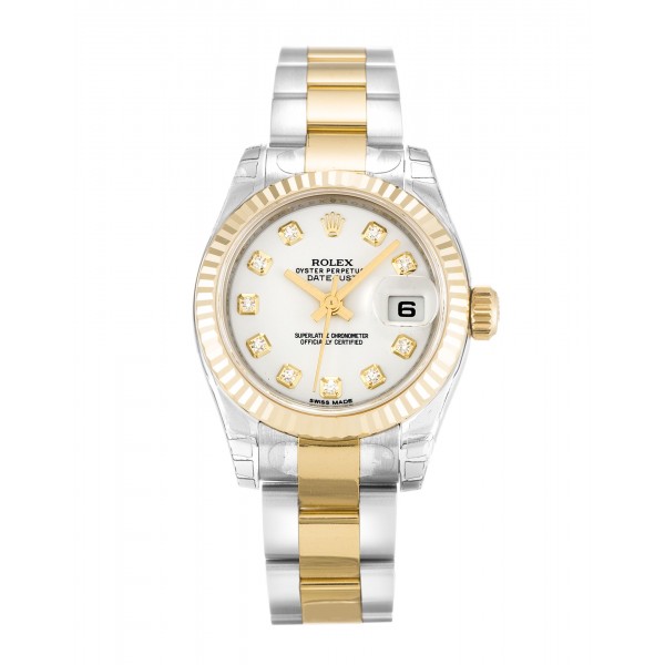 White Dials Rolex Datejust 179173 Fake Watches With 26 MM Steel & Gold Cases For Women