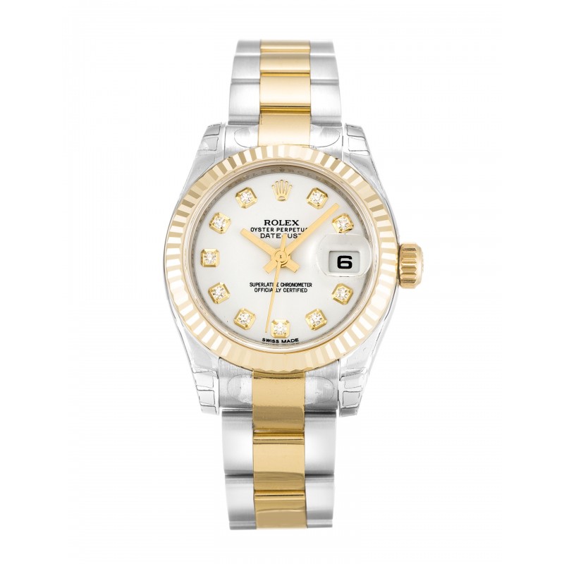 White Dials Rolex Datejust 179173 Fake Watches With 26 MM Steel & Gold Cases For Women