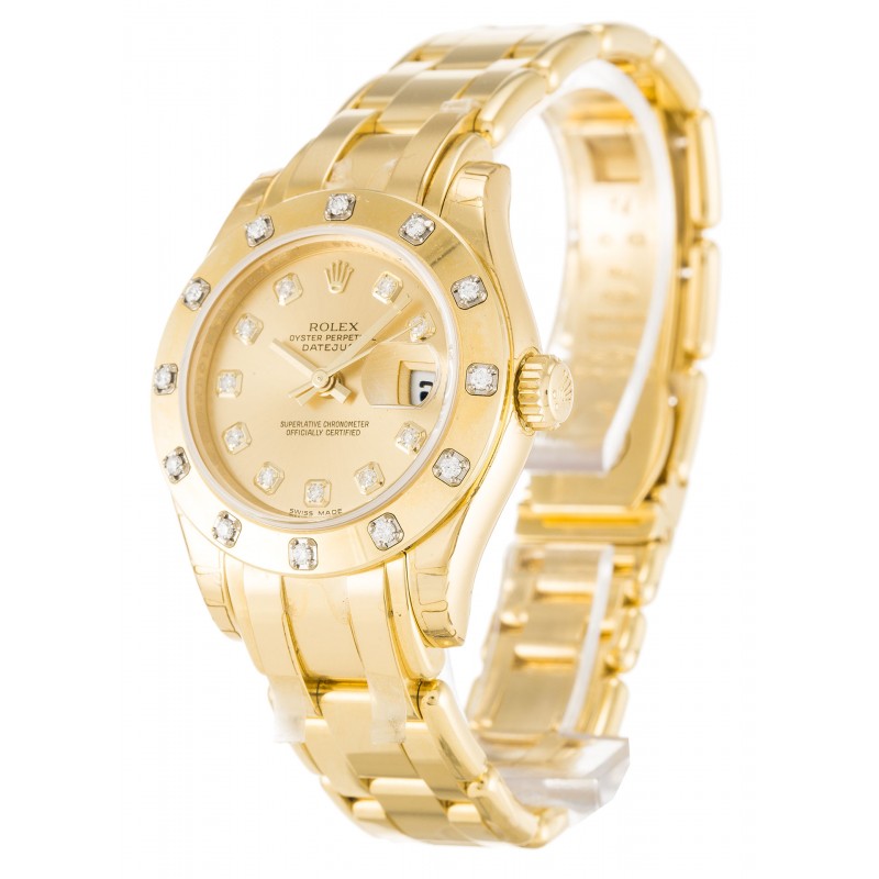 29 MM Champagne Dials Rolex Pearlmaster 80318 Replica Watches With Gold Cases For Women