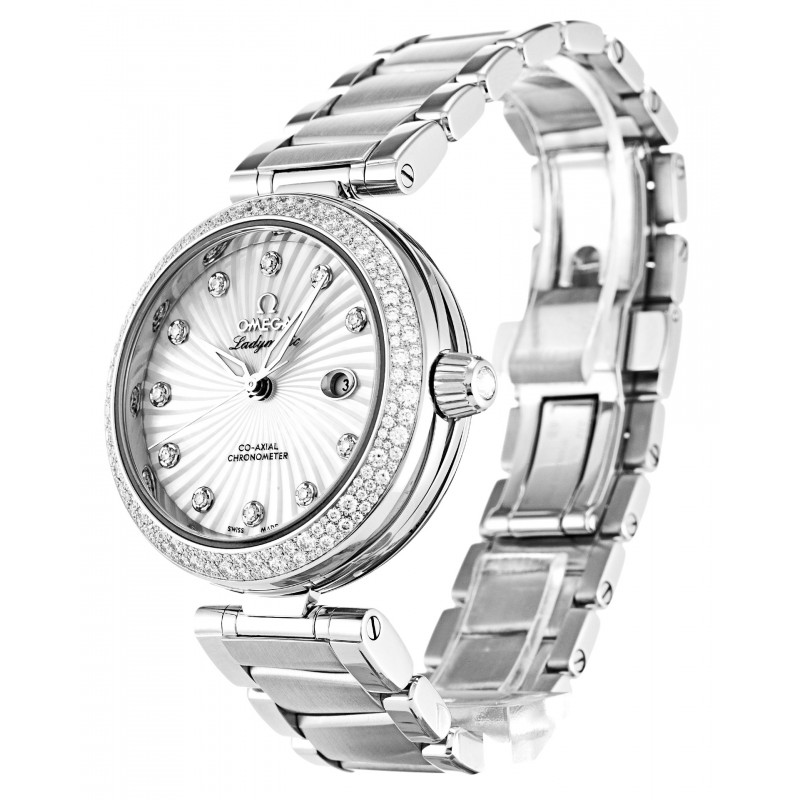 White Mother-Of-Pearl Dials Omega De Ville Ladymatic 425.35.34.20.55.001 Fake Watches With 34 MM Steel Cases For Women