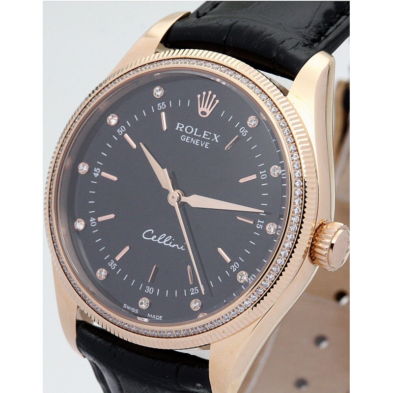 25 MM Black Dials Rolex Cellini 4233/8 Replica Watches With Gold Cases For Women