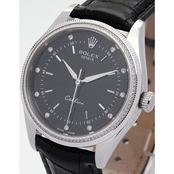 25 MM Black Dials Rolex Cellini 4233/8 Replica Watches With Steel & White Gold Cases For Women