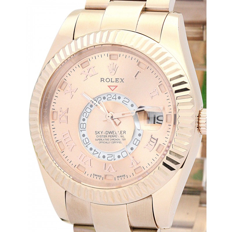 Champagne Dials Rolex Sky-Dweller 326938 Fake Watches With Rose Gold Cases For Men