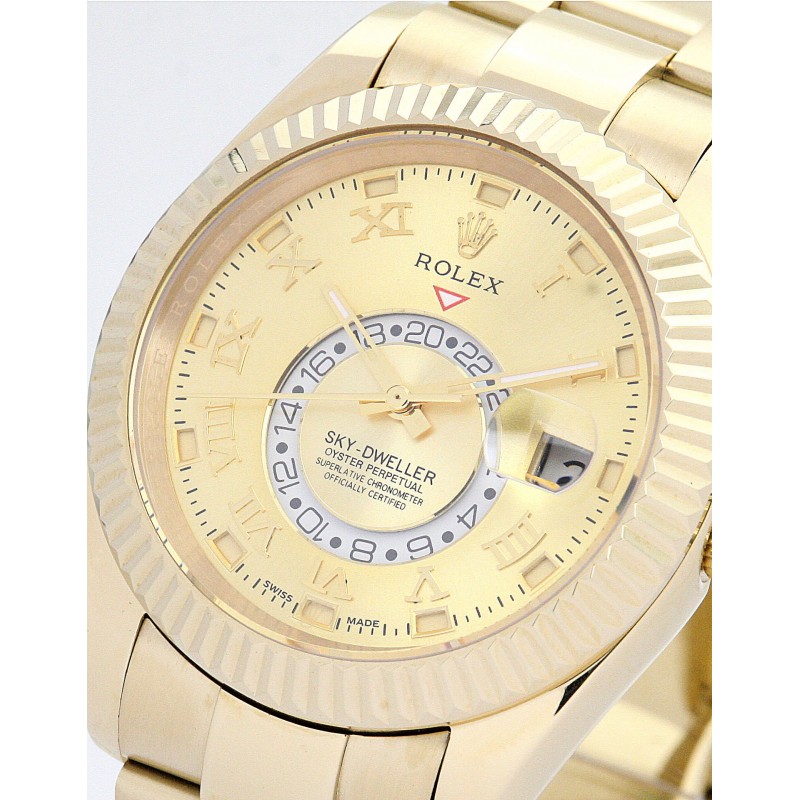 42 MM Champagne Dials Rolex Sky-Dweller 326938 Replica Watches With Gold Cases For Men