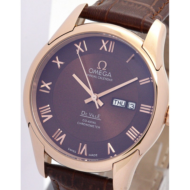 41 MM Brown Dials Omega De Ville Hour Vision Fake Watches With Rose Gold Cases For Men