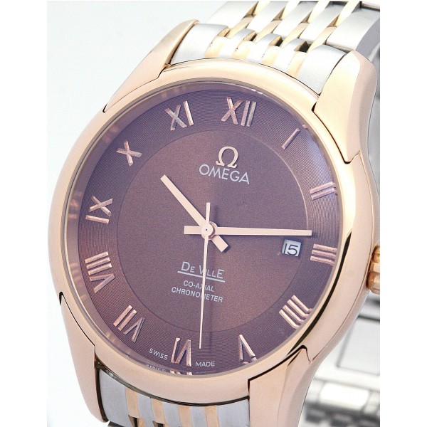 41 MM Brown Dials Omega De Ville Hour Vision Replica Watches With Rose Gold Cases For Men