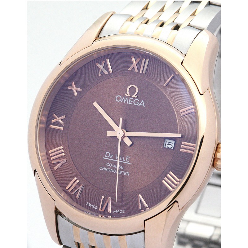 41 MM Brown Dials Omega De Ville Hour Vision Replica Watches With Rose Gold Cases For Men